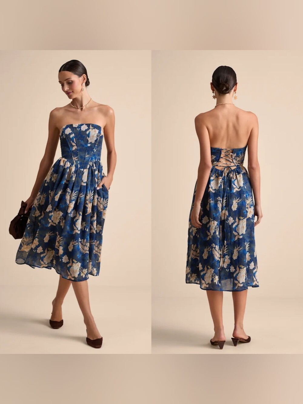 Lulus Eulalia Dark Blue Floral Lace-Up Strapless Bustier Midi Dress S Wedding